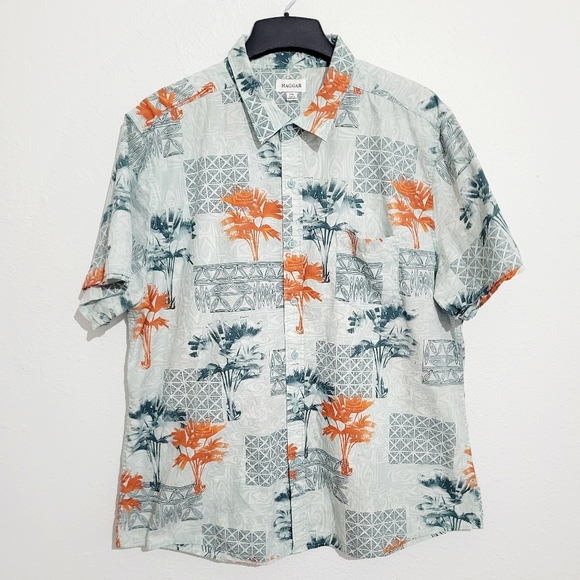 Haggar Button Up Tropical Shirt Mens Size XXL Floral Short Sleeve 100% Cotton - Picture 1 of 8